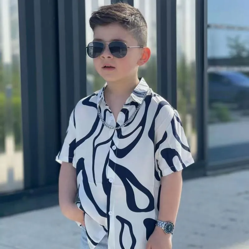 Kids Toddler Big Boys Summer Fashion Casual Hip Hop Color Matching Stripe Lapel Short Sleeve Shirt