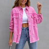 Women Fashion Solid Color Mid-Length Ripped Loose Raw Hem Denim Jacket Coat