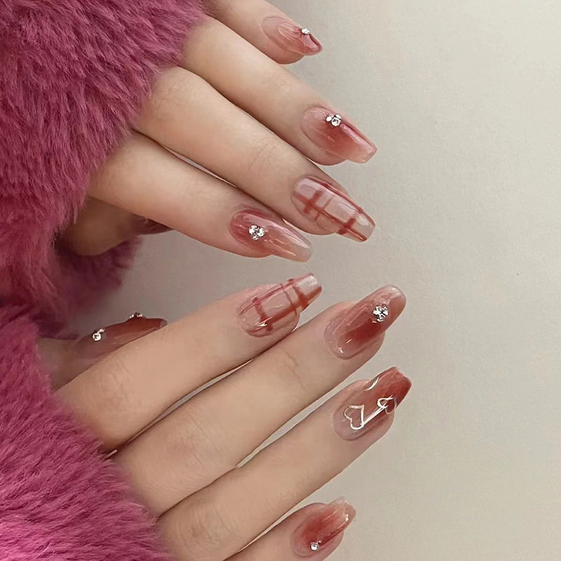 ( Buy 1 Get 2 ) Women Fashion Gradient Red Hollow Heart Rhinestone Plaid False Nails