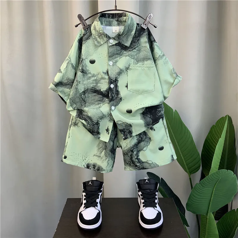 Kids Toddler Big Boys Casual Cute Vacation Ink Print Short Sleeve Lapel Shirt Shorts Set