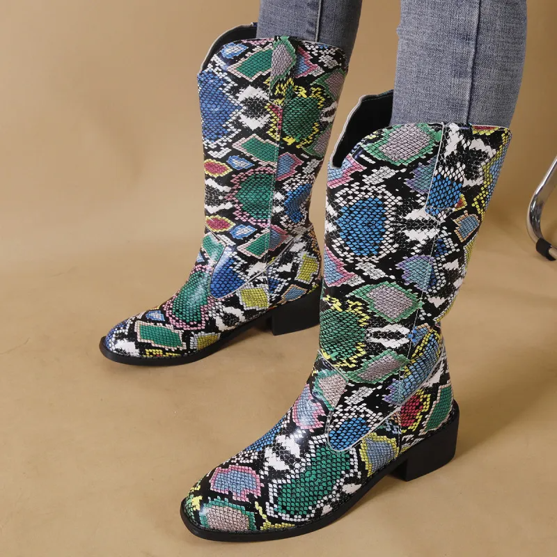 Women Fashion Plus Size Snake Print Round Toe Mid-Calf Boots