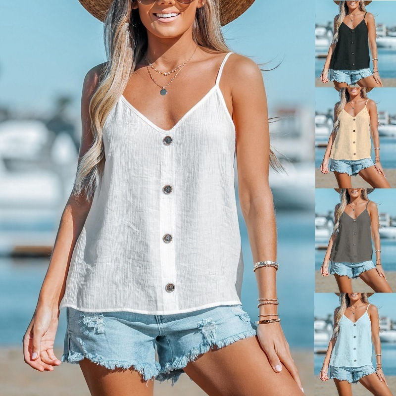 Women Fashion Casual Summer Vacation Basic Solid Color Buttoned Camis