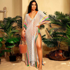 Women Summer Vacation Rainbow Color V Neck Hollow Knitted Tassel Coverup