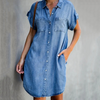 Women'S Fashion Short Sleeve Slim Lapel Single-Breasted Denim Dress