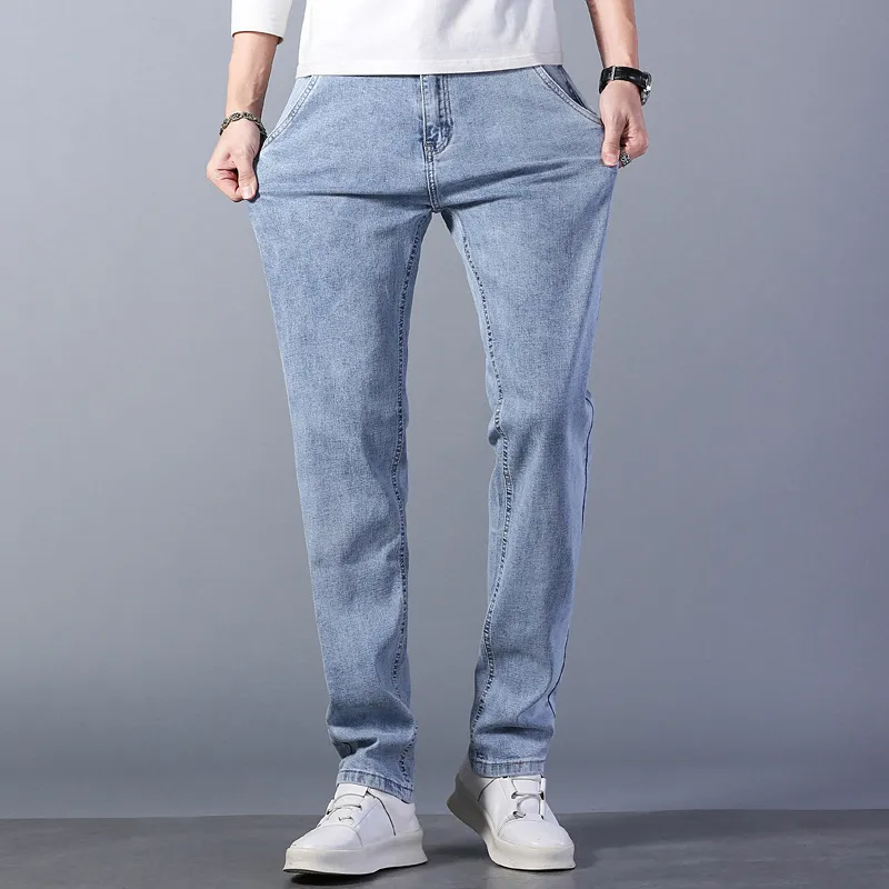 Men Fashion Casual Simple Solid Color Commuter Straight Pants Slight Plus Size Jeans