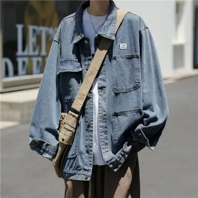 Men Fashion Lapel Single Row Multi Pocket Denim Shacket Coat