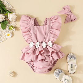 Kids Baby Girls Casual Cute Solid Color Bow Raglan Sleeve Romper