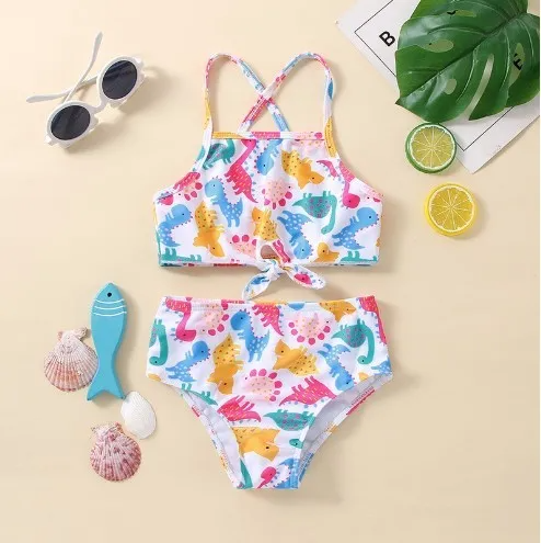 Children Kids Baby Fashion Girls Cute Multicolor Dinosaur Print Split Swimsuit 2pcs Set