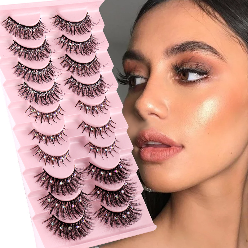 Women'S Diamond-Encrusted Natural Thick Glitter Powder False Eyelashes 10 Pairs/Set