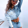 Women'S Fashion Gradient Color Ripped Cropped Denim Jacket