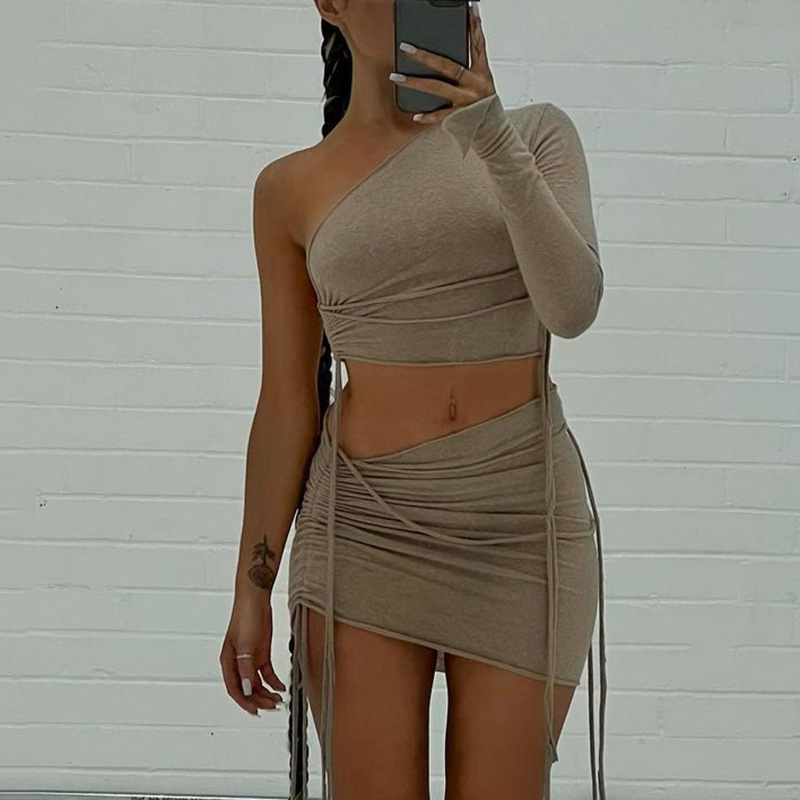 Women Solid One Shoulder Long Sleeve Drawstring Pleated Top And Skirt Two-Piece Set