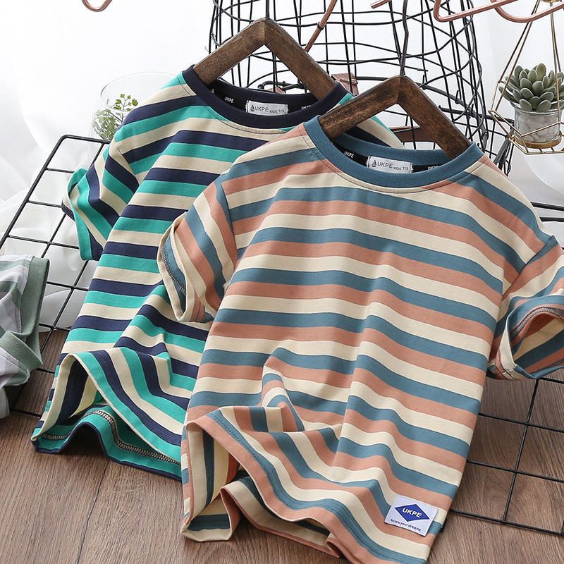 Kids Boys Casual Round Neck Short Sleeve Wide Stripe Loose T-Shirt