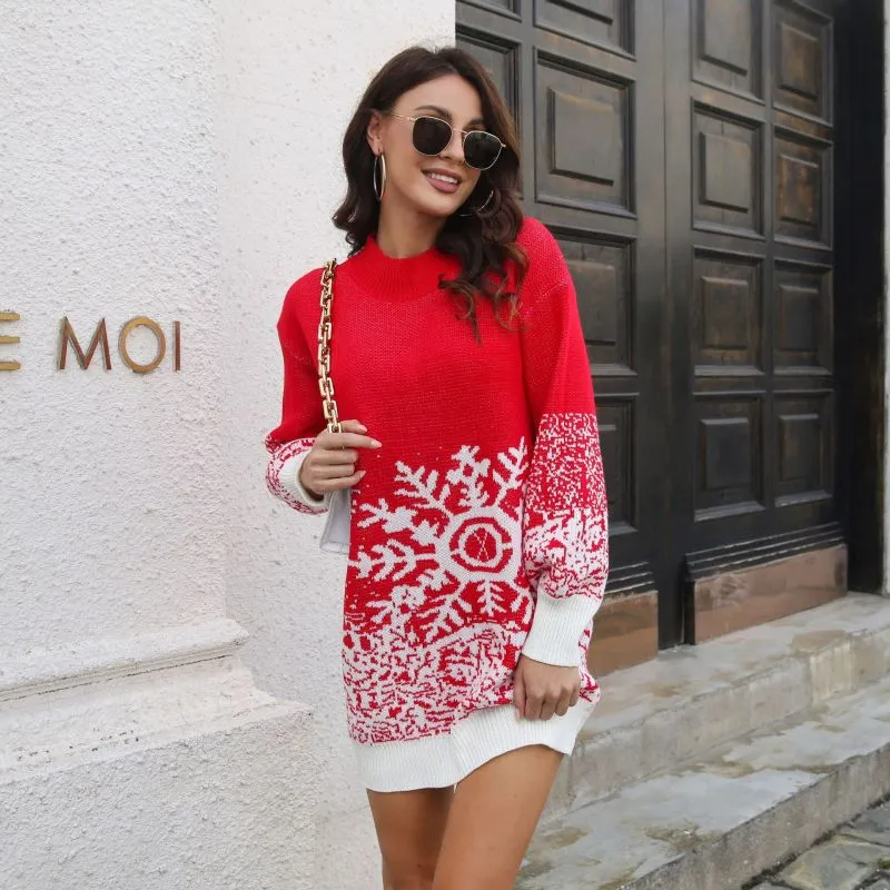 Winter Women Fashion Christmas Snowflake Jacquard Lantern Sleeves Loose Knitted Dress