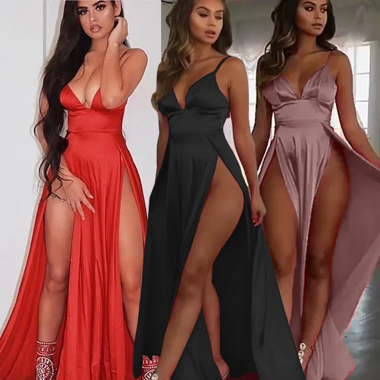 Sexy Women Elegant Solid Color Satin Spaghetti Strap Defined Waist Side-Slit Maxi Party Dress