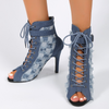 Women Fashion Sexy Plus Size Lace-Up Suede Checkerboard Peep Toe High Heels