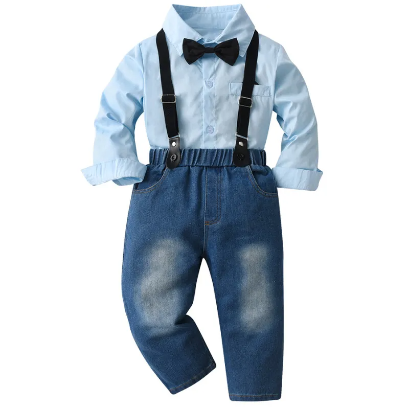 Kids Toddler Boys Spring And Autumn Fashion Casual British Style Bow Shirt Suspender Trousers Boys Party Clothing Set