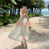 Women Fashion Elegant Vacation Floral Printed Halter Neck Backless Sleeveless Defined Waist Maxi Dress