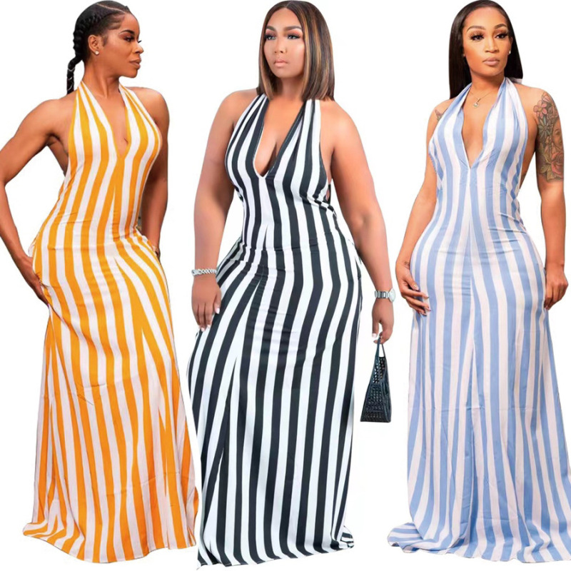 Women'S Fashion Sexy Stripe Halter Neck Backless Maxi Vacation Dress