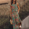 Women Fashion Vintage Casual Floral Printing Sleeveless Slit Loose Dress