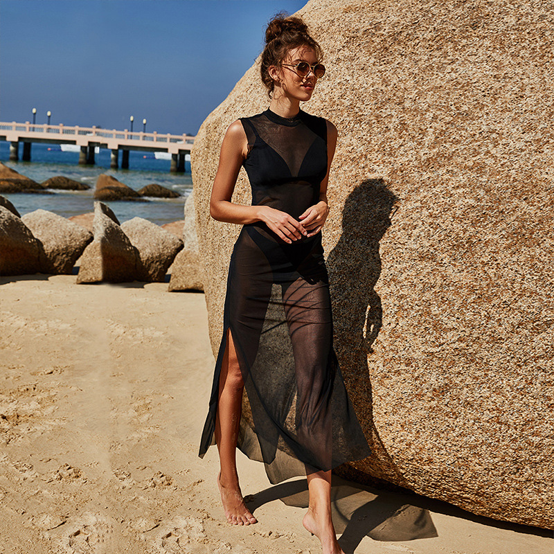 Summer Solid Color Women Sleeveless Beach Blouse See-Through Mesh Slit Coverup Dress