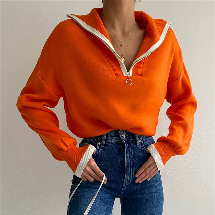 Contrasting Color Lapel Autumn And Winter Sweater Women'S Loose Casual Oversized Knitted Top