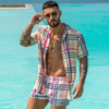 Men Casual Colorblock Plaid Print Lapel Short Sleeve Shirt Loose Tie Shorts Set