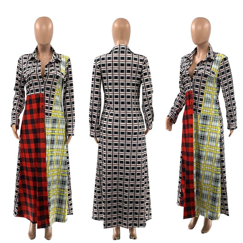 Women Fashion Color Blocking Plaid Printed Pachwork Maxi Dress