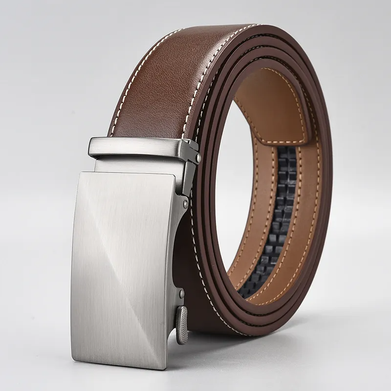 Men Fashion Casual Business Solid Color Leather Metal Buckle Belt