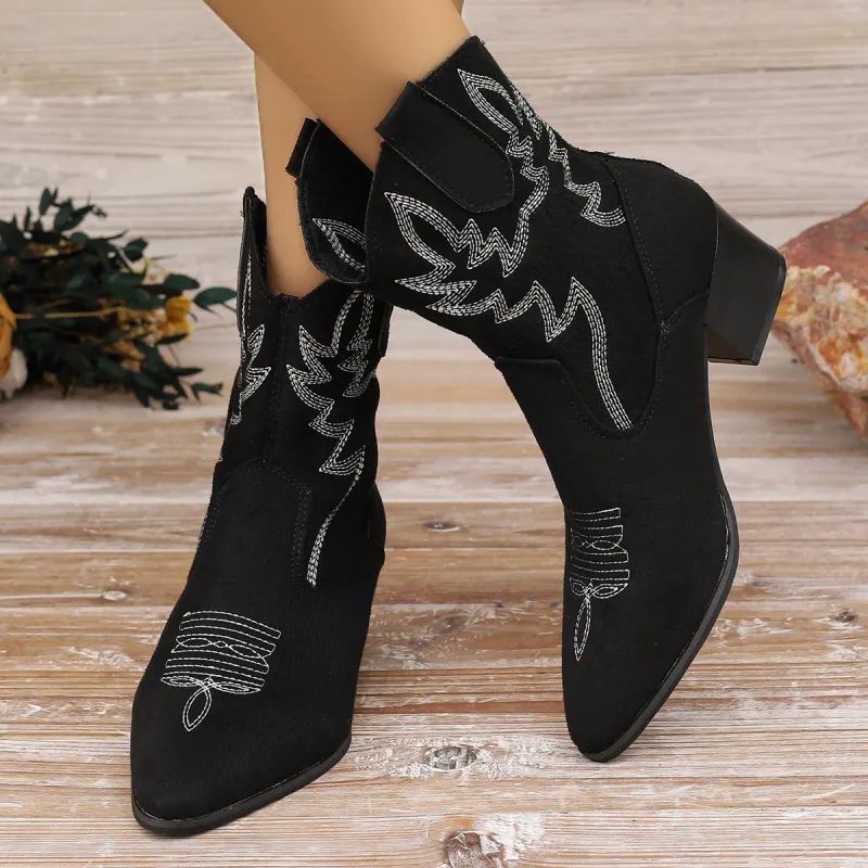 Women Fashion Plus Size Embroidery Pointed Chunky Heel Mid-Calf Boots