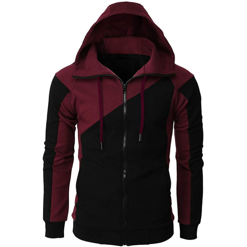 Men Casual Contrasting Color Slim Hooded Long Sleeve Sports Jacket