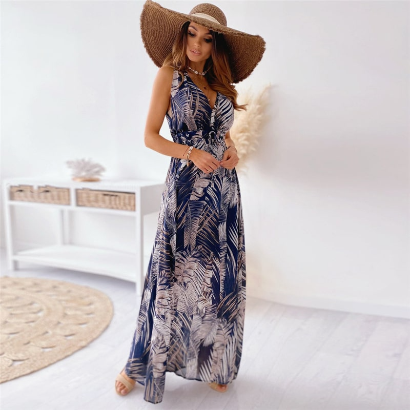 Women Fashion Flower Printing V Neck Dress