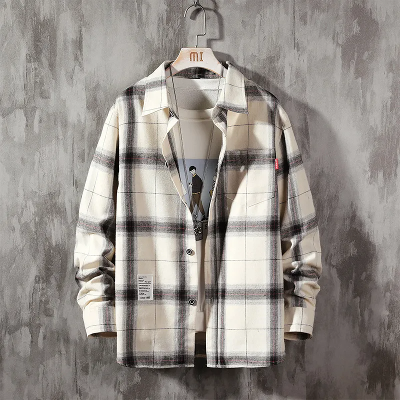 Men Casual Classic Plaid Lapel Button Loose Long Sleeve Shirt