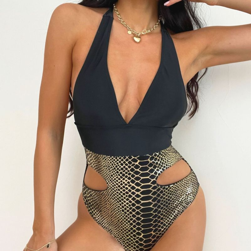 Women Sexy V-Neck Backless Graphic Printing Halter Neck One-Piece Swimsuit