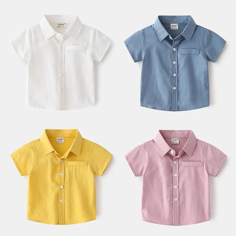 Children Kids Baby Fashion Boys Casual Basic Short Sleeve Solid Color Lapel Shirt