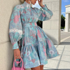 Women Fashion Elegant Floral Printing High Neck Long Sleeve Dress