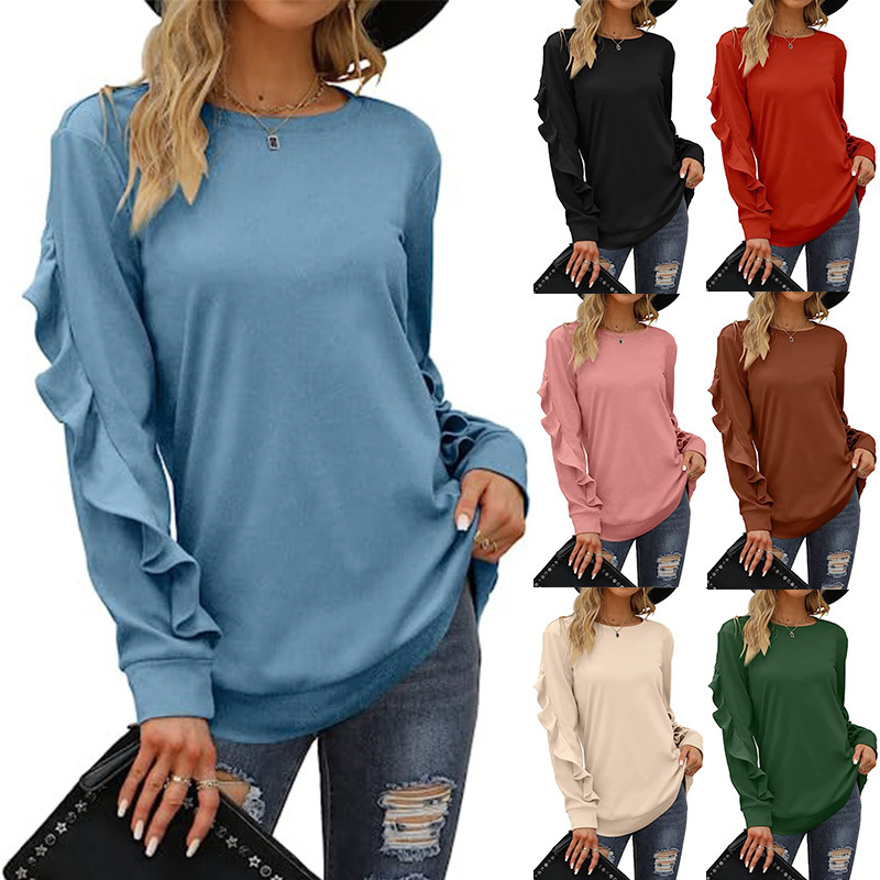 Autumn Winter Women Casual Round Neck Long Sleeve Ruffled Sweatshirt