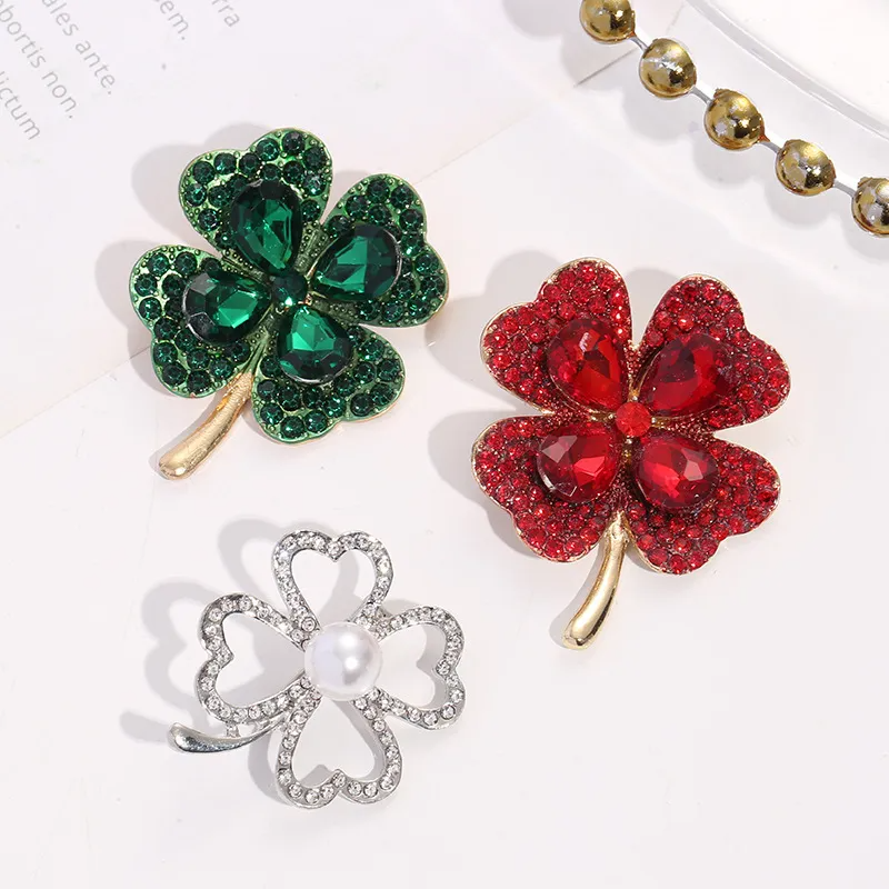 (Buy 1 Get 2) Women Fashion Rhinestone Hollow Imitation Pearl Four-Leaf Clover Metal Brooches