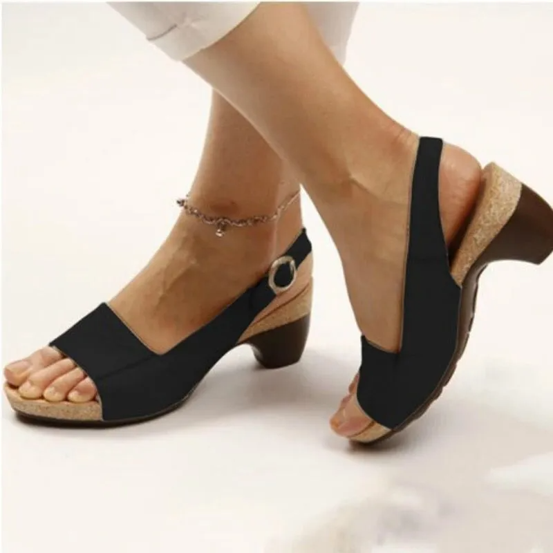 Women Fashionable Solid Color Plus Size Open Toe Hollow Buckle Chunky Heeled Sandals