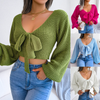 Women Fashion Bowknot V-Neck Lantern Sleeve Cropped Solid Knitted Sweater