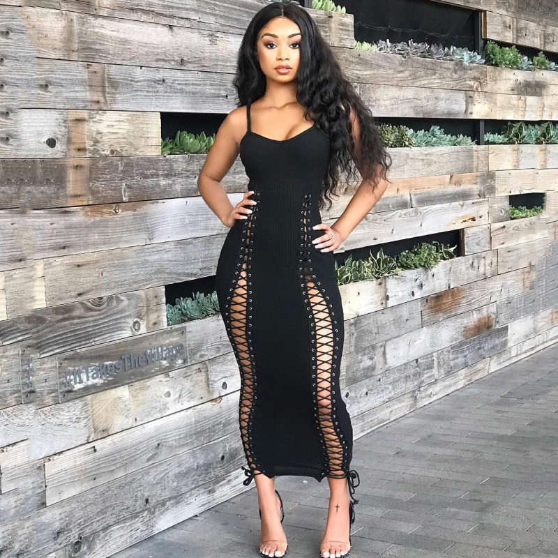 Women'S Fashion Sexy Slit Bandage Spaghetti Strap Dress