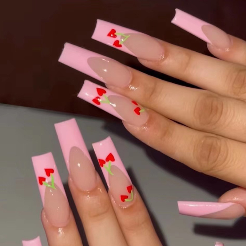 ( Buy 1 Get 2 ) Valentine Day Women Fashion Pink Long Ballet Heart Cherry Wearable False Nails