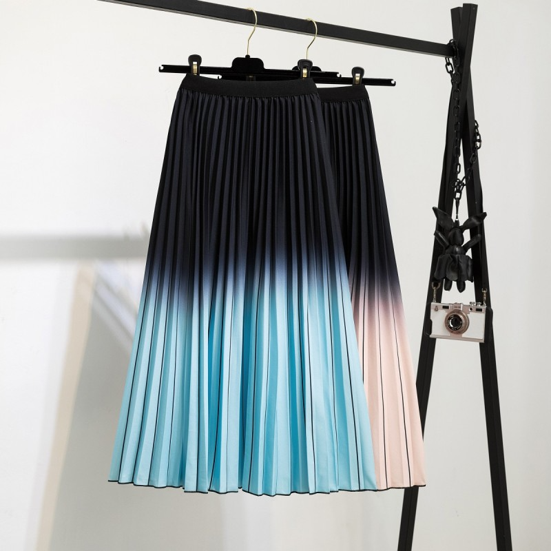 Fashion Women Color Matching Casual Elastic Waist Midi Pleated Skirt