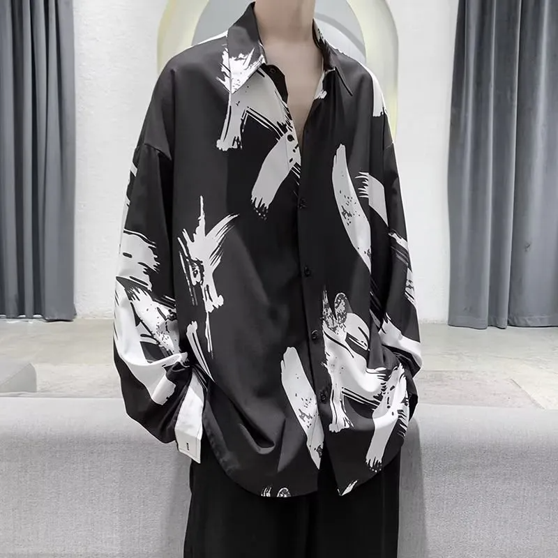 Men Fashion Lapel Splattered Ink Graphic Print Long Sleeve Shirt