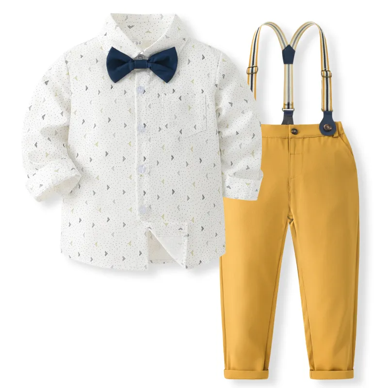 Kids Toddler Boys Spring Autumn Fashion Casual British Style Bow Tiny Flower Shirt Suspender Trousers Boys Party Clothing Set