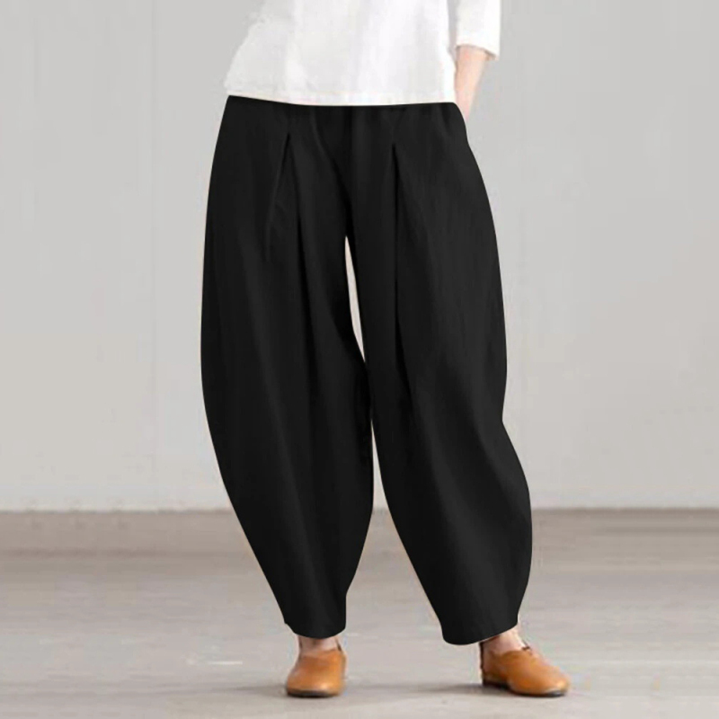 Women'S Fashion Casual Cotton Linen Elastic Waist Harem Wide Leg Pants