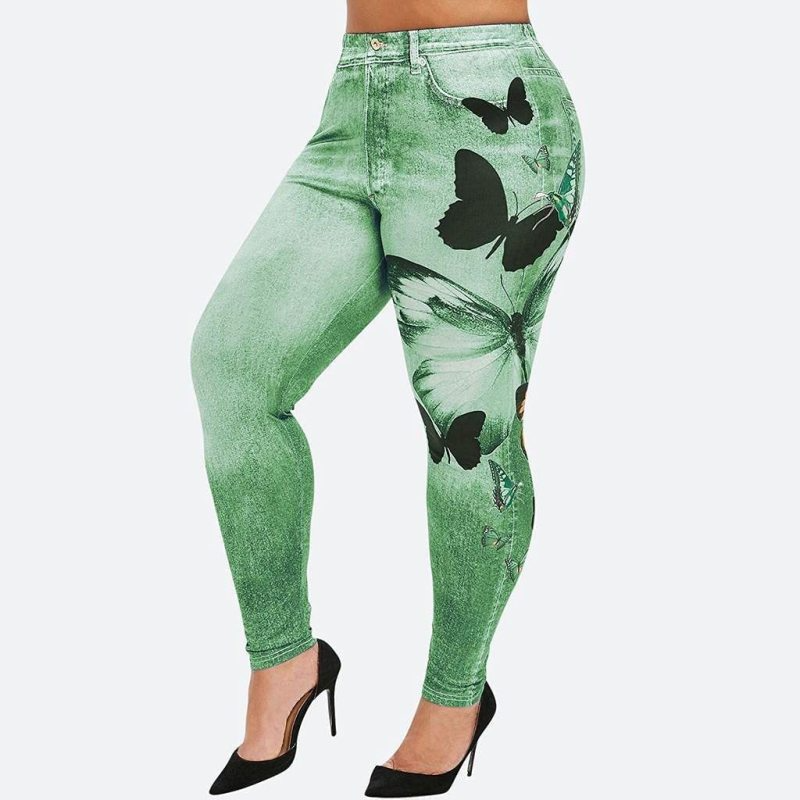 Women Fashion Casual Denim Color Butterfly Print Athleisure Leggings