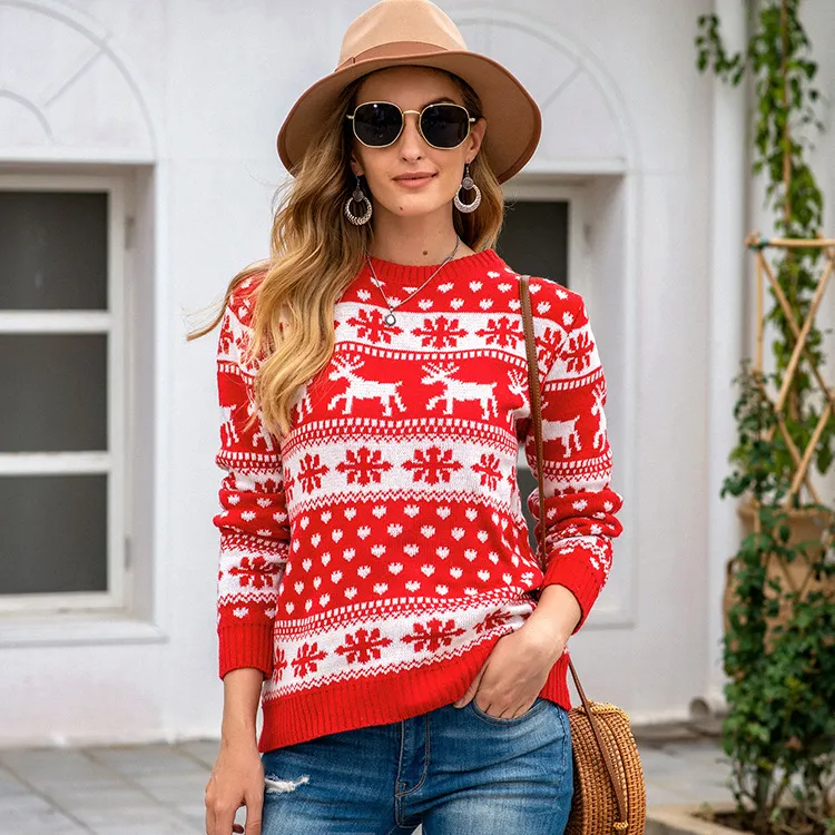 Women Winter Casual Christmas Snowflake Pattern Round Neck Long Sleeve Knitted Sweater