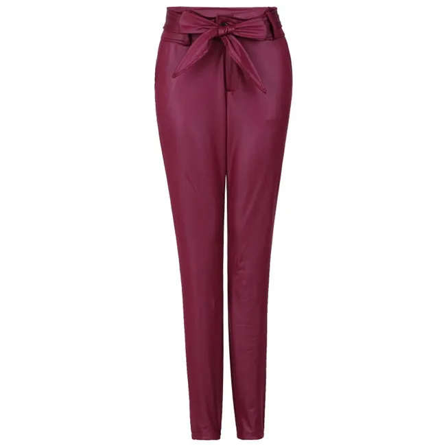 Women Fashion Solid Color High Waist Sash PU Leather Pants