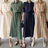 Women Ramadan /Eid Fashion Minimalist Casual Solid Color Lapel Short-Sleeve Drawstring Pocket Single-Breasted Dress