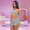 Sexy Women Fashion Irregular One Sleeve Drawstring Crop Top And Skirt Cross Print Nightclub Set